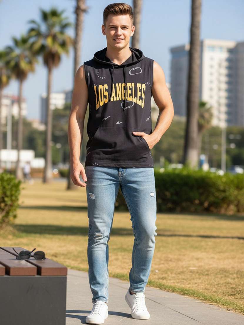 boys printed sleeveless hooded t-shirt