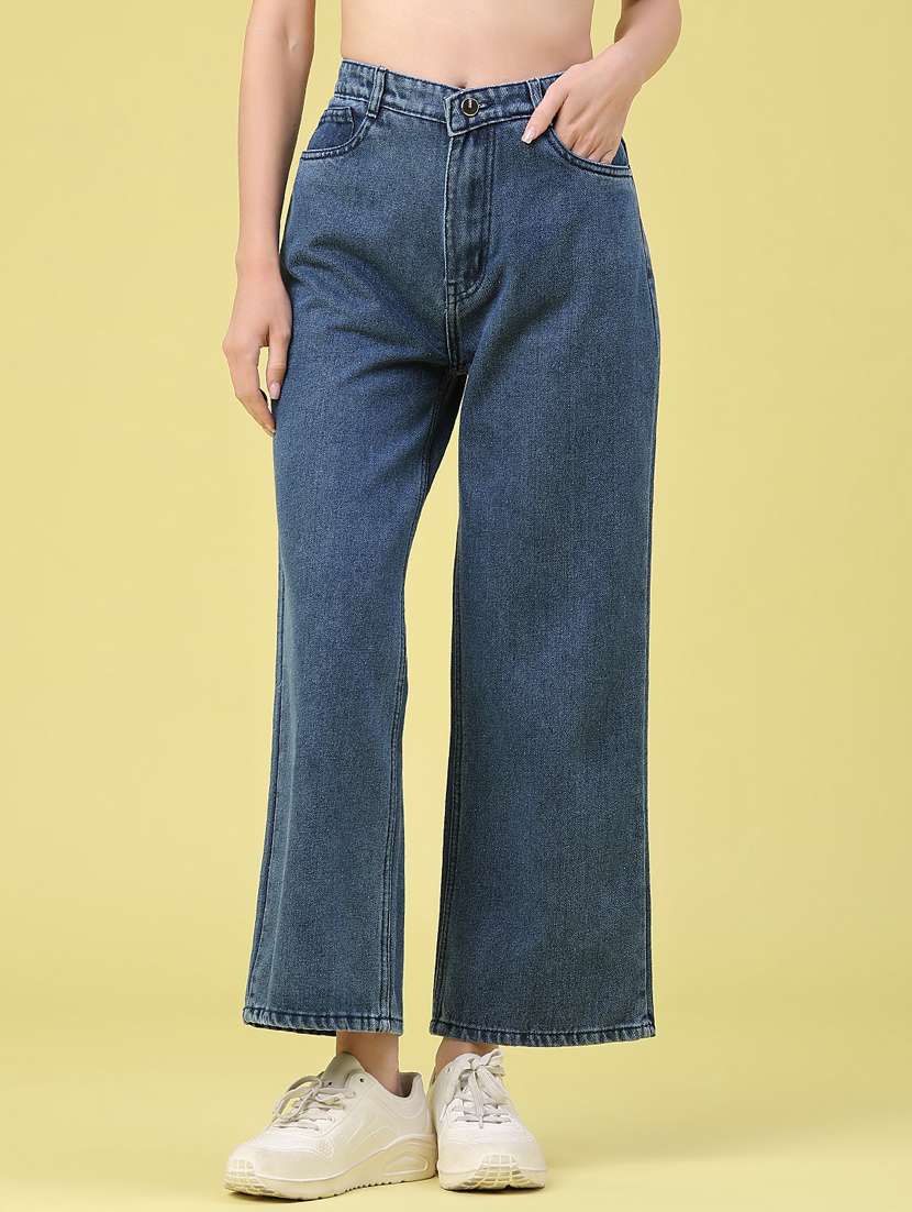 women solid high rise wide leg jeans
