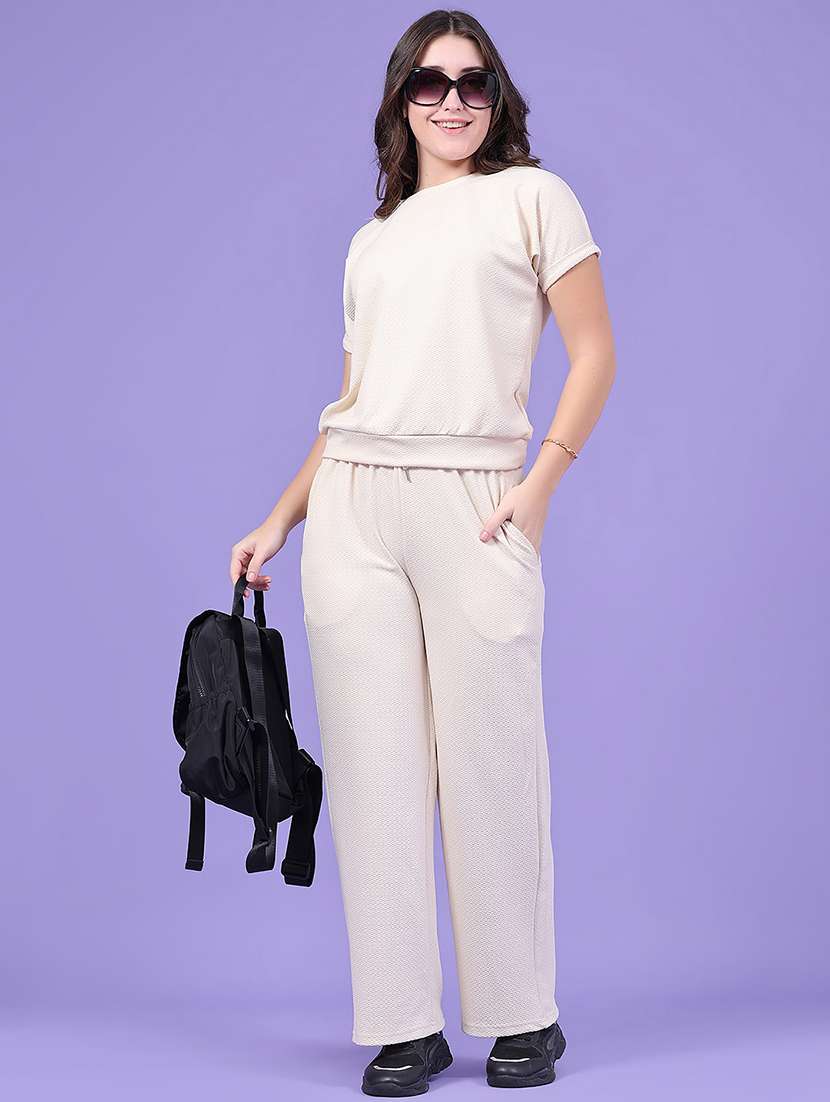 women self design short sleeves top and trouser co-ord set