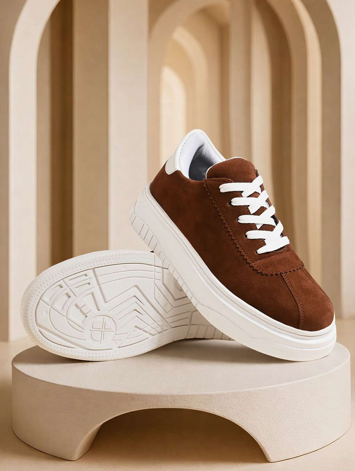 brown synthetic lace up sneakers