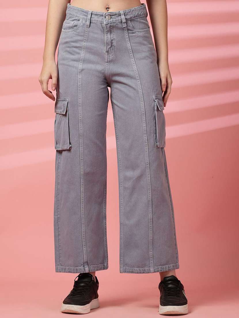 women grey denim cargo