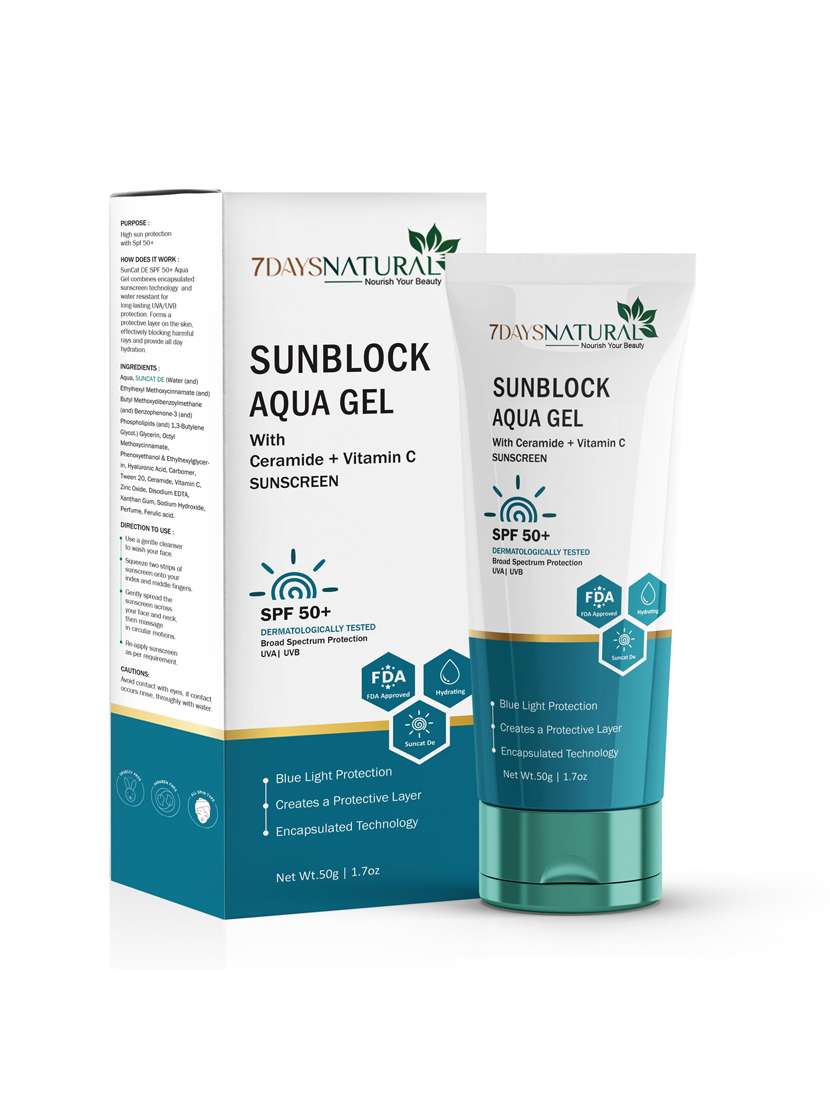 7daysnatural spf 50+ sunblock aqua gel sunscreen with ceramide & vitamin c 50g