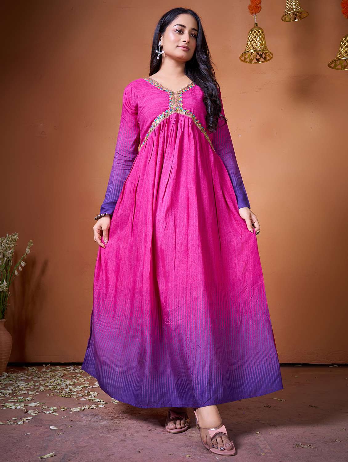 women purple silk blend fit & flare gown