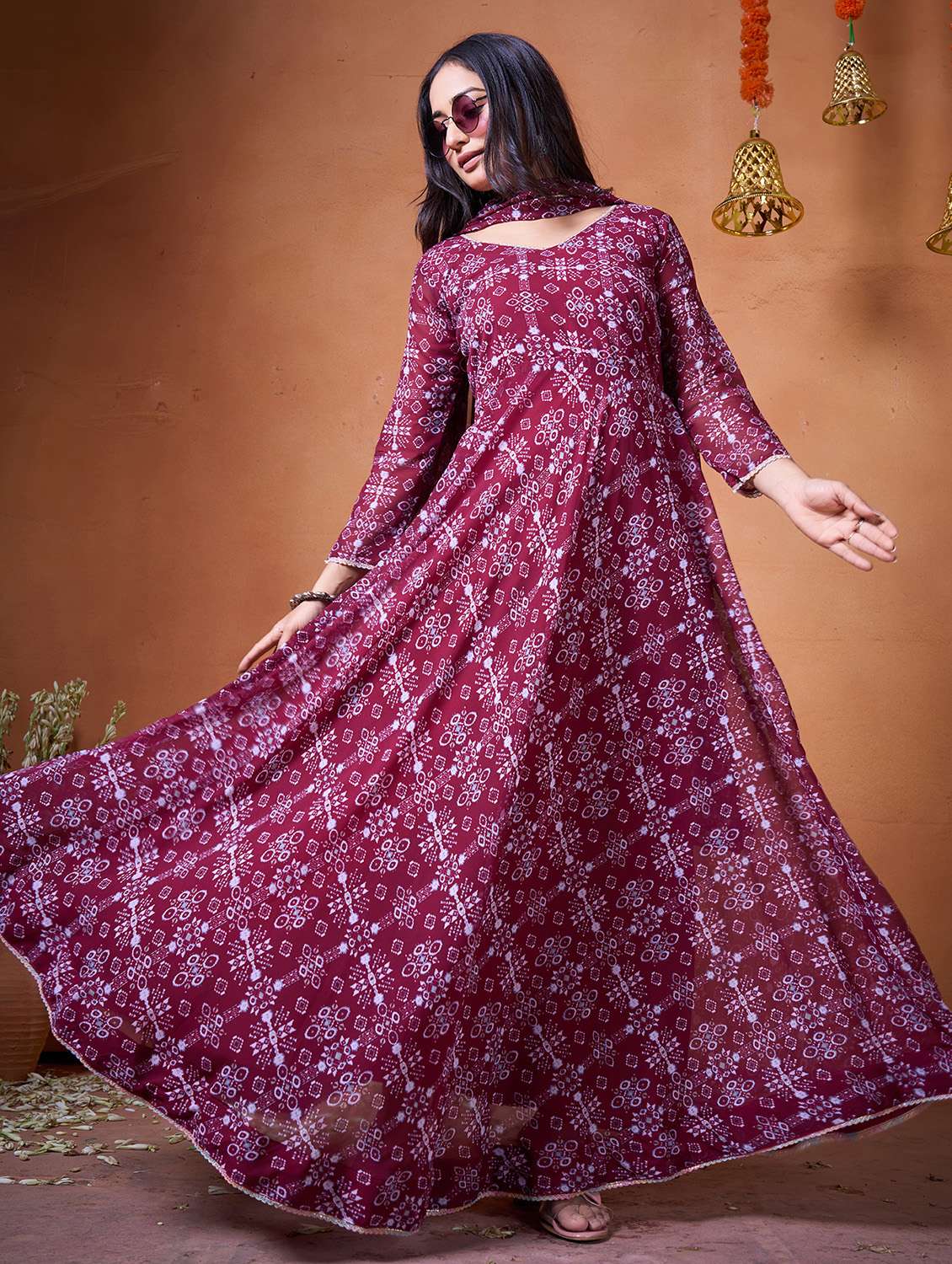 women maroon georgette fit & flare gown - 22464841 -  Standard Image - 3