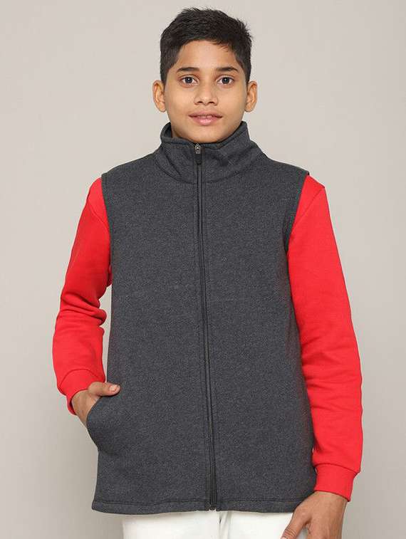 bous solid grey cotton regular jackets & coat