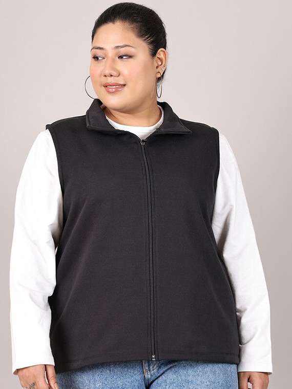women solid black cotton regular jacket