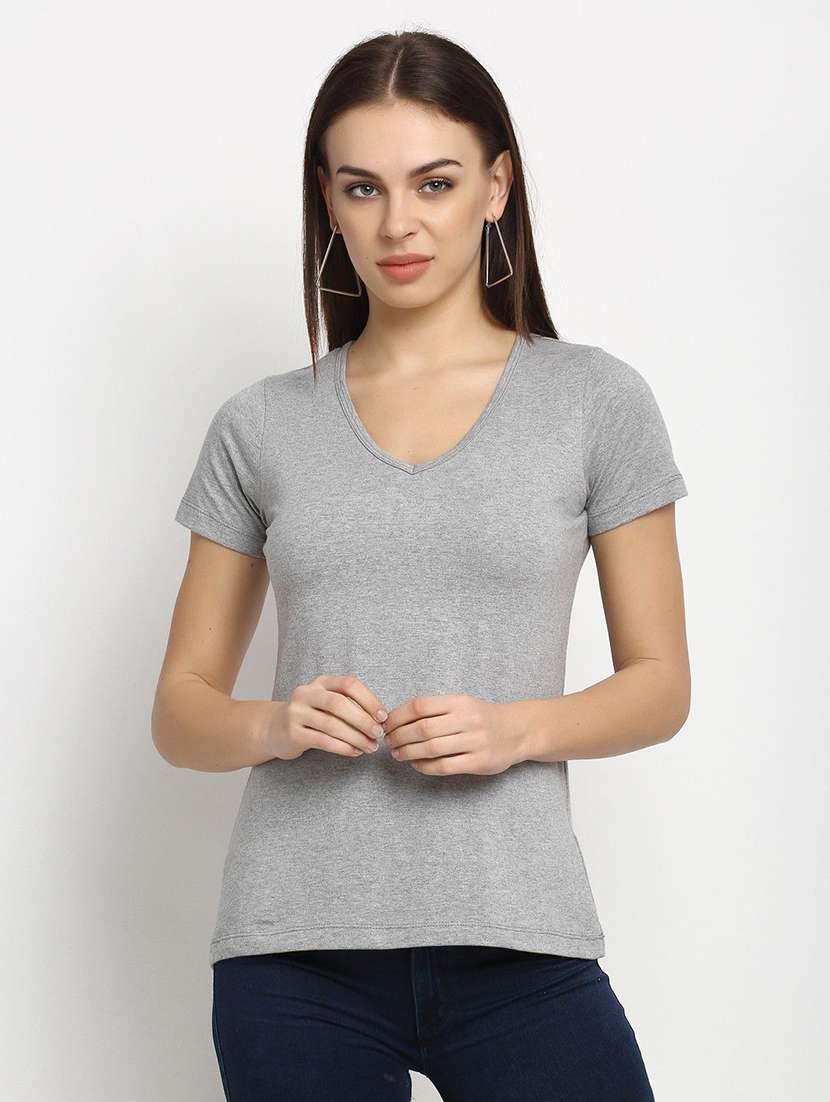 women solid grey cotton regular t-shirt