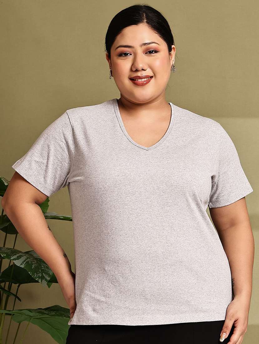 women solid grey cotton regular t-shirt