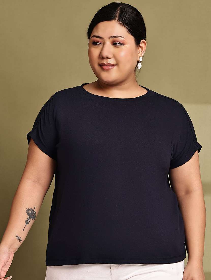 women solid navy blue cotton regular t-shirt