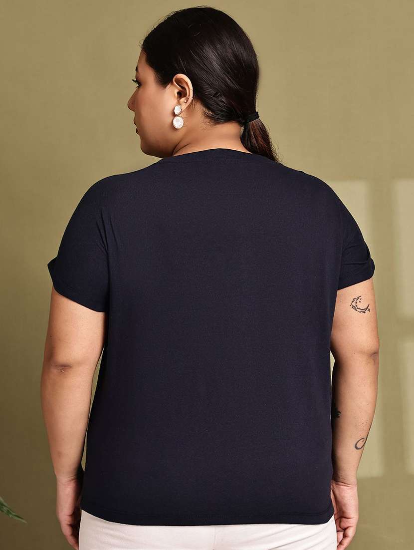 women solid navy blue cotton regular t-shirt - 22465131 -  Standard Image - 3