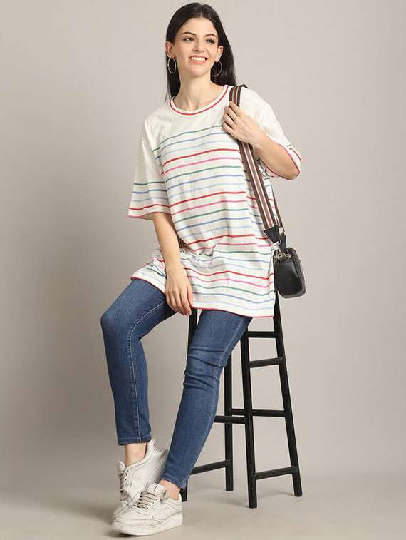women stripes multi colored cotton oversized t-shirt - 22465141 -  Standard Image - 5