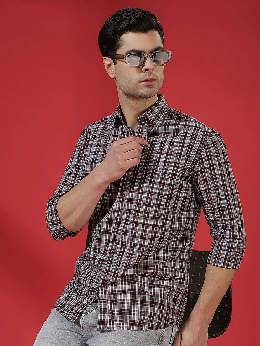men checkered long sleeve slim fit casual shirt