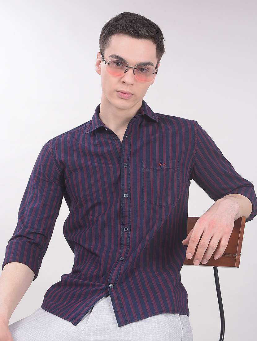 men striped long sleeve slim fit casual shirt