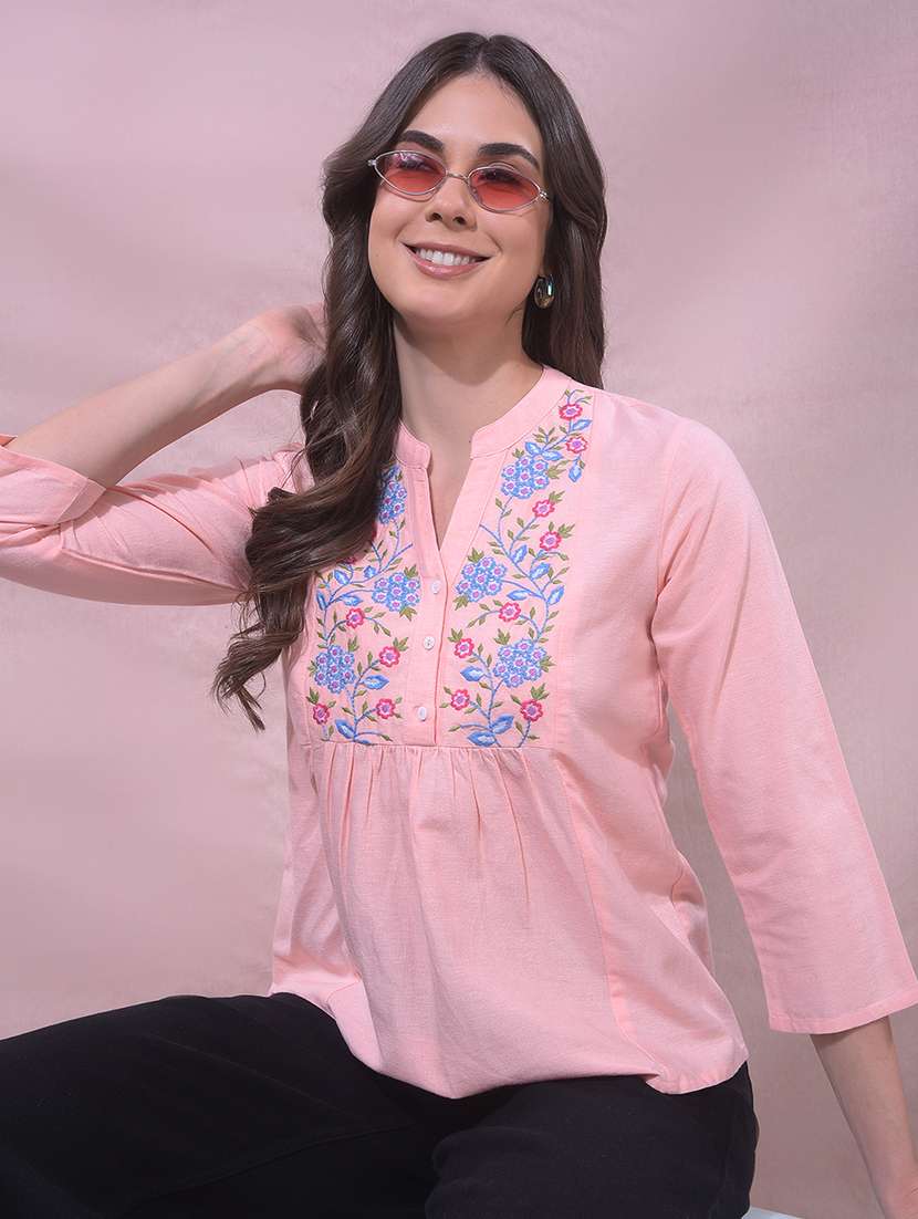women embroidered three quarter sleeves top