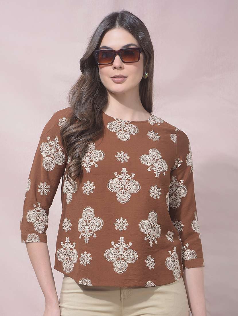 women printed round neck regular fit top
