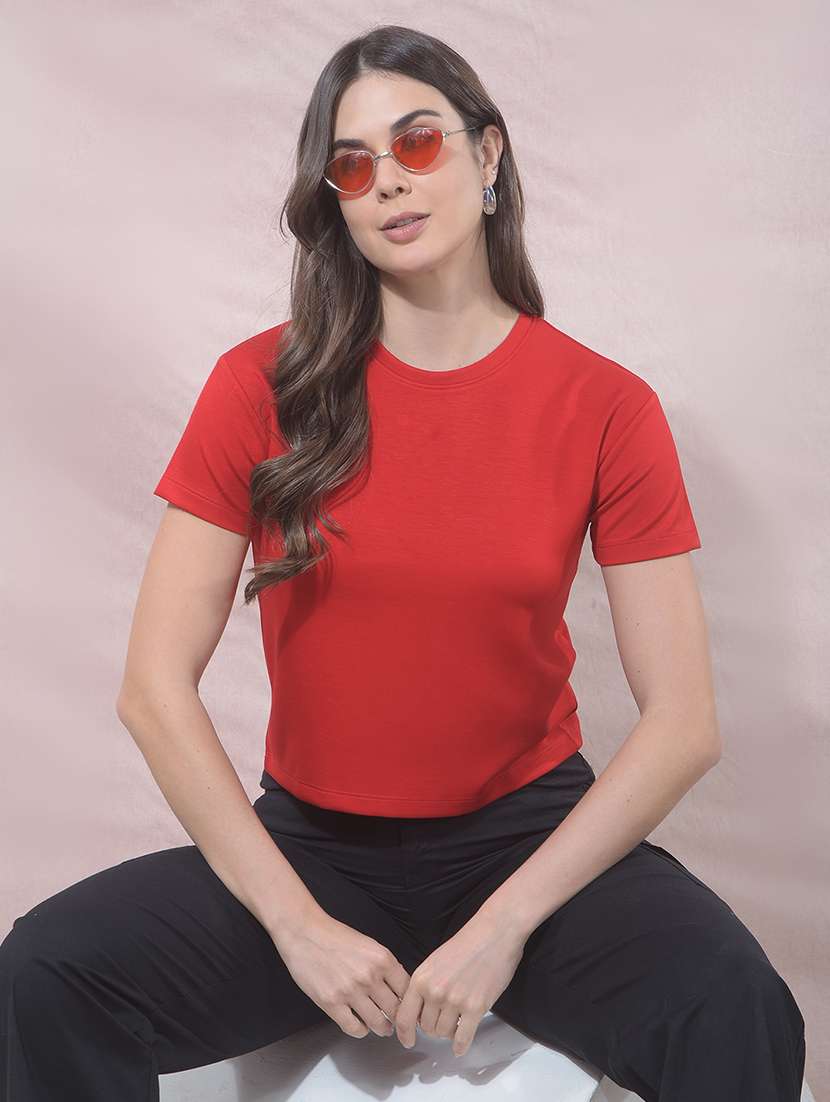 women solid round neck short sleeves t-shirt