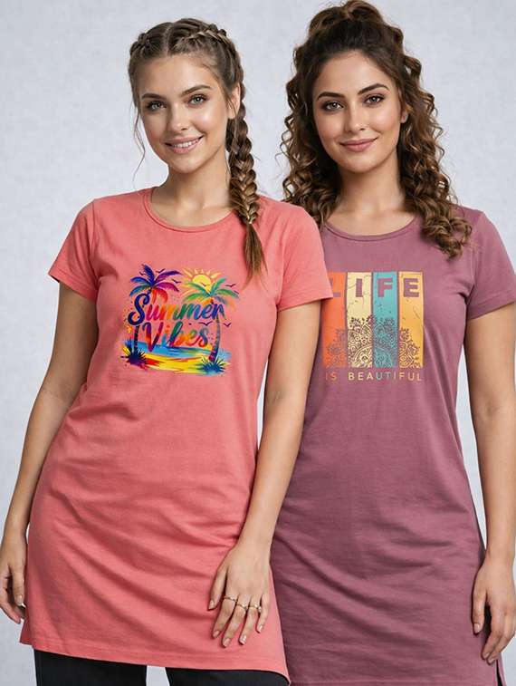 peach cotton blend regular t-women pack of 2 printed short sleeve loungwear t-shirt