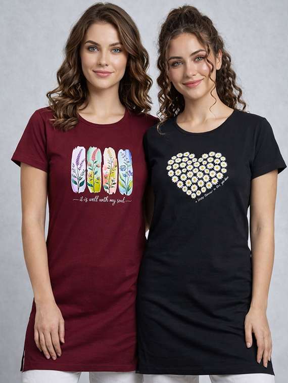 women printed black cotton blend regular t-shirt