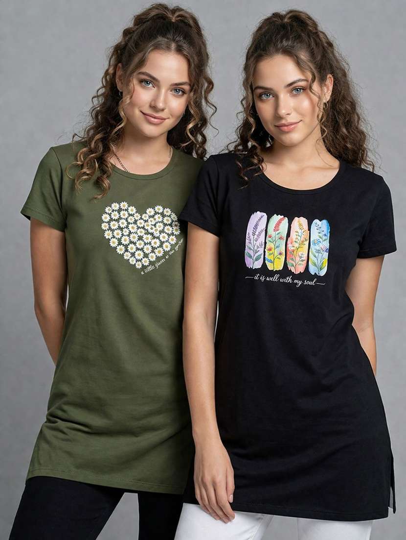 women pack of 2 printed round neck lounge-tshirt