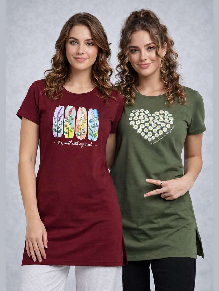 women pack of 2 printed round neck lounge-tshirt
