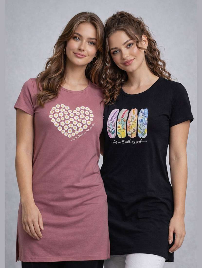 women pack of 2 printed round neck lounge-tshirt
