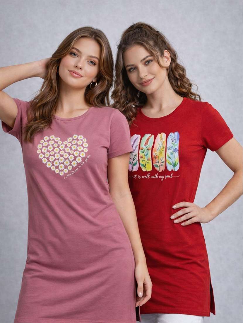 women pack of 2 printed round neck lounge-tshirt