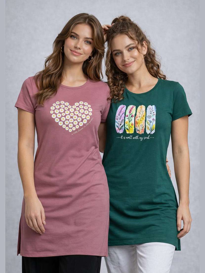 women pack of 2 printed round neck lounge-tshirt