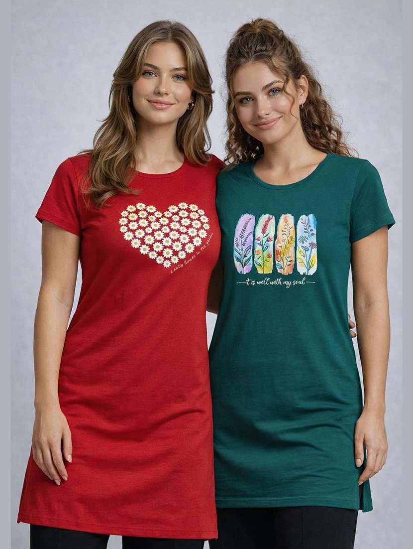 women pack of 2 printed round neck lounge-tshirt