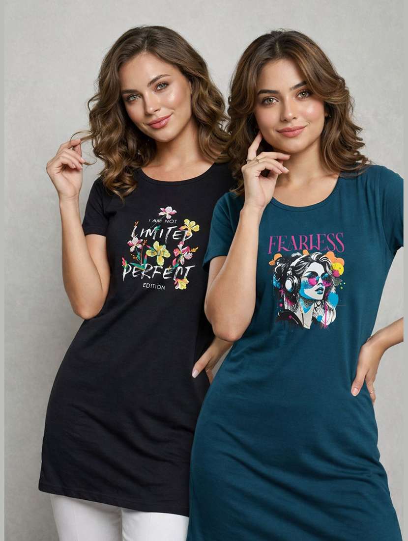 women pack of 2 printed round neck lounge-tshirt