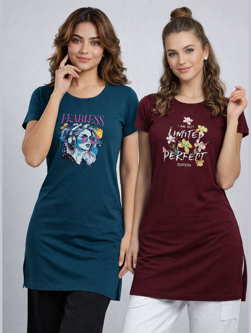 women pack of 2 printed round neck lounge-tshirt