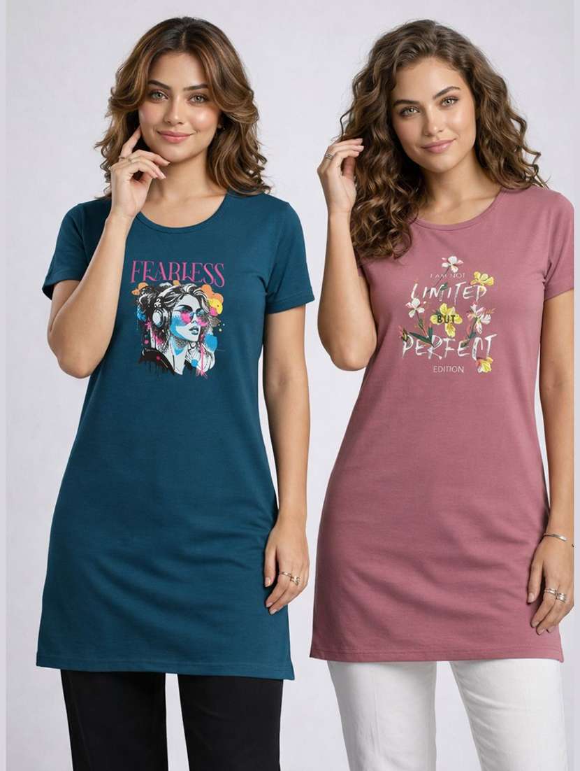 women pack of 2 printed round neck lounge-tshirt