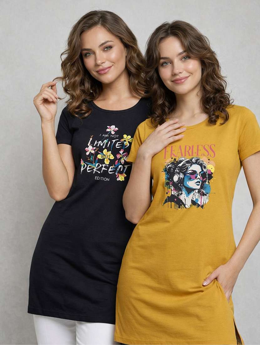 women pack of 2 printed round neck lounge-tshirt