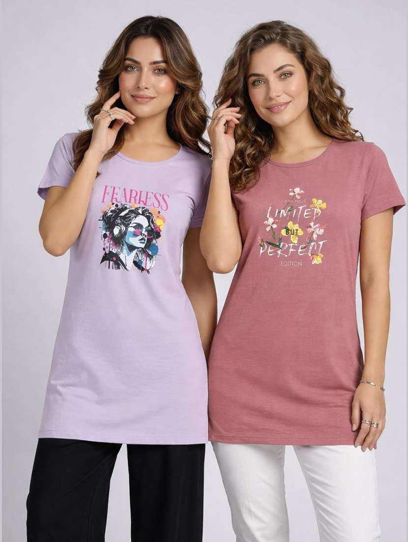 women pack of 2 printed round neck lounge-tshirt