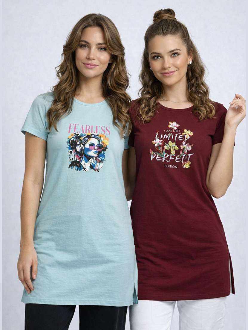 women pack of 2 printed round neck lounge-tshirt