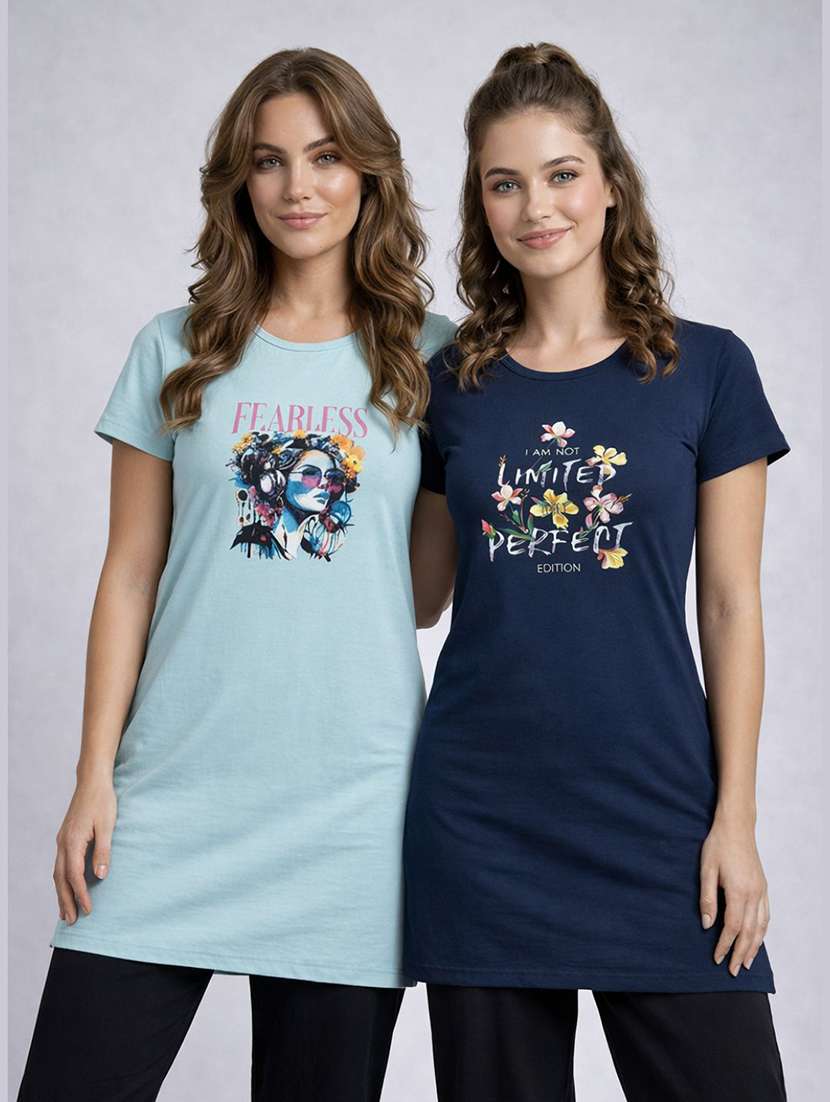 women pack of 2 printed round neck lounge-tshirt
