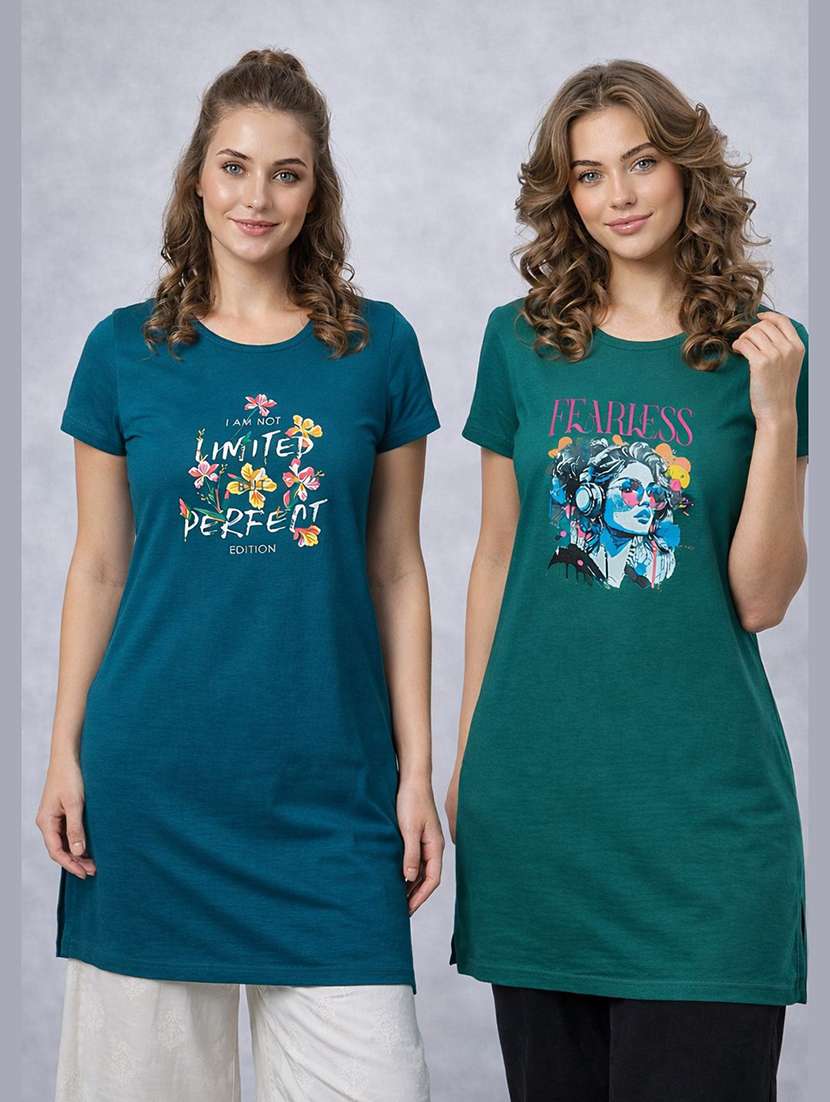 women pack of 2 printed round neck lounge-tshirt