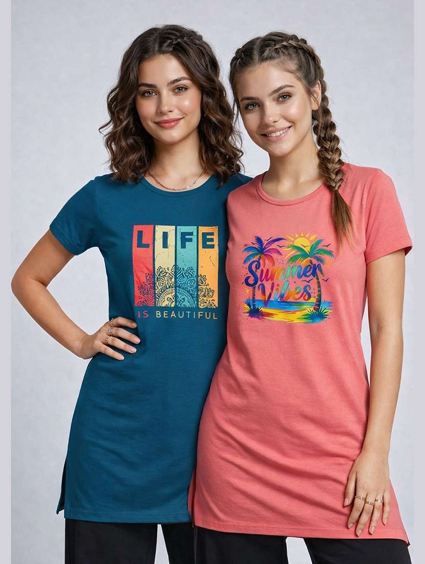 women pack of 2 printed round neck lounge-tshirt