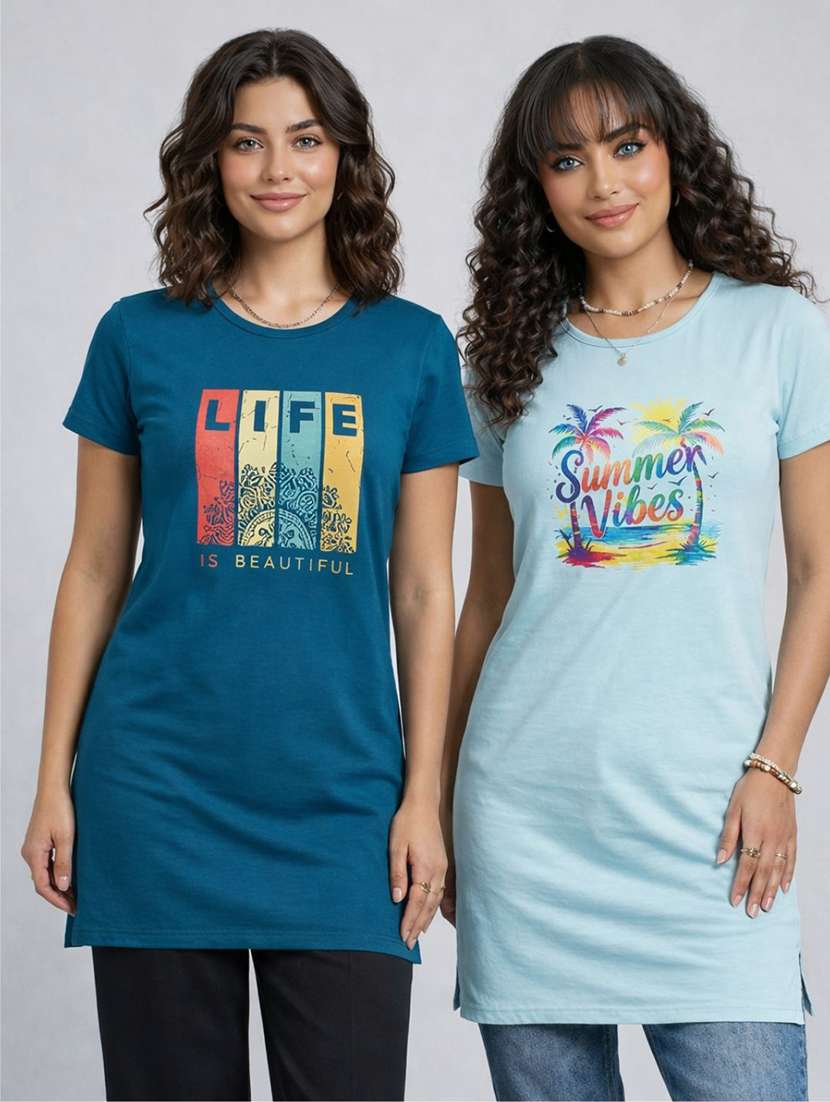 women pack of 2 printed round neck lounge-tshirt