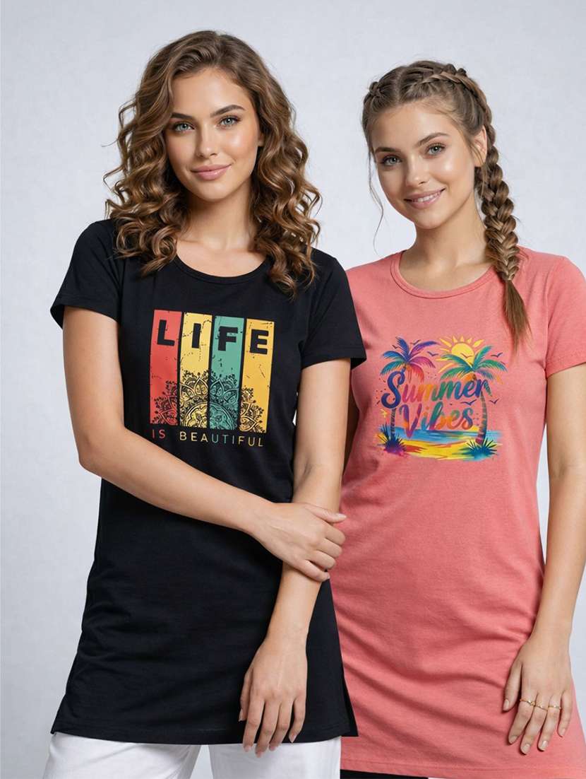 women pack of 2 printed round neck lounge-tshirt