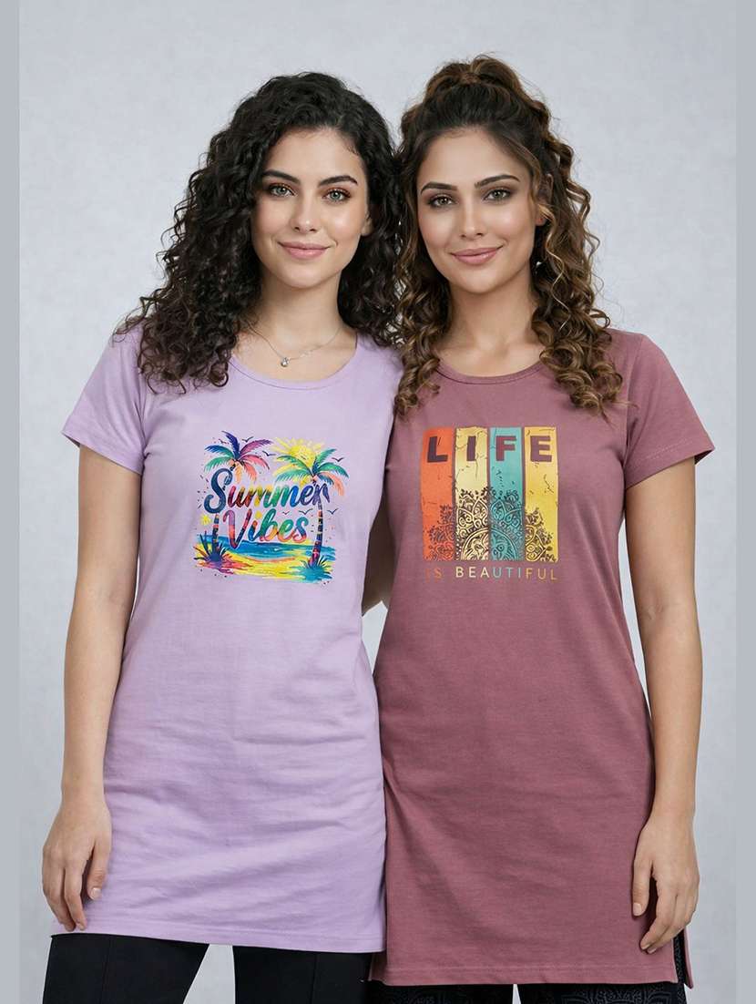women pack of 2 printed round neck lounge-tshirt