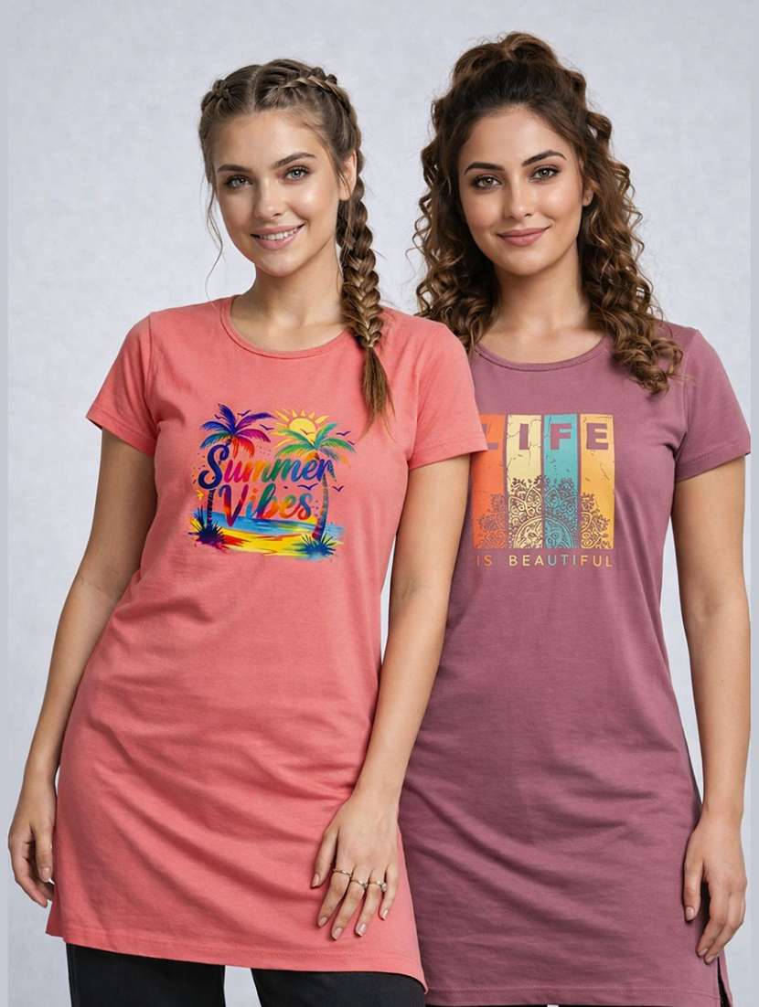 women pack of 2 printed round neck lounge-tshirt