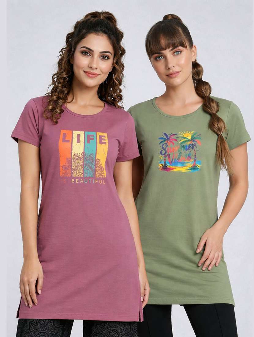 women pack of 2 printed round neck lounge-tshirt