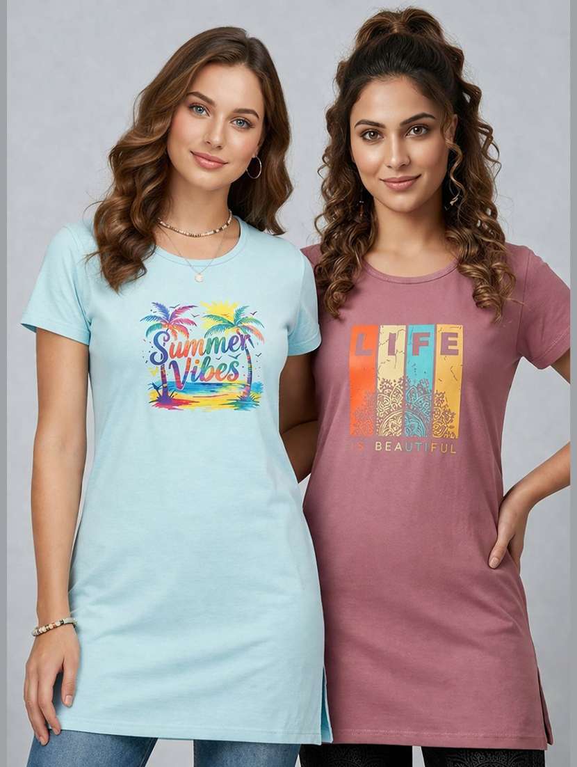 women pack of 2 printed round neck lounge-tshirt