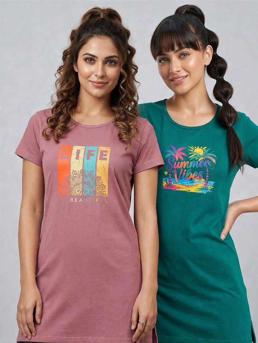 women pack of 2 printed round neck lounge-tshirt