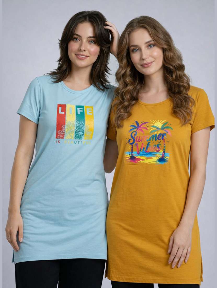 women pack of 2 printed round neck lounge-tshirt