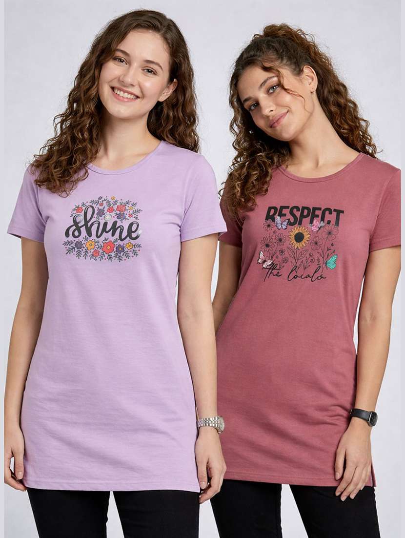 women pack of 2 printed round neck lounge-tshirt