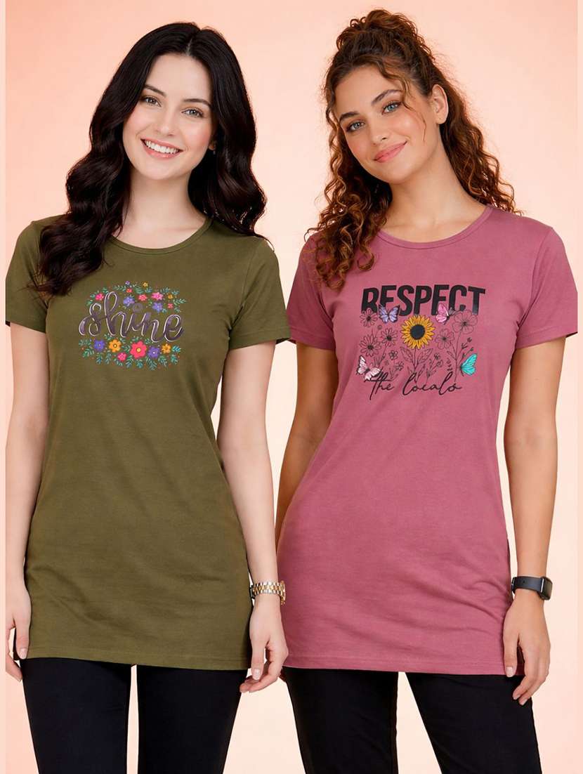 women pack of 2 printed round neck lounge-tshirt