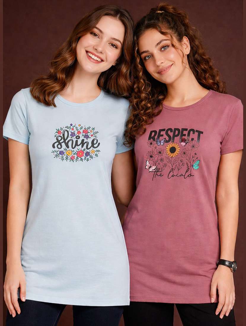 women pack of 2 printed round neck lounge-tshirt