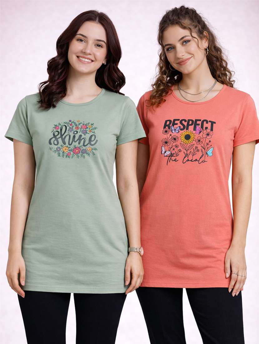 women pack of 2 printed round neck lounge-tshirt