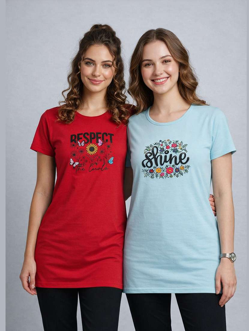 women pack of 2 printed round neck lounge-tshirt
